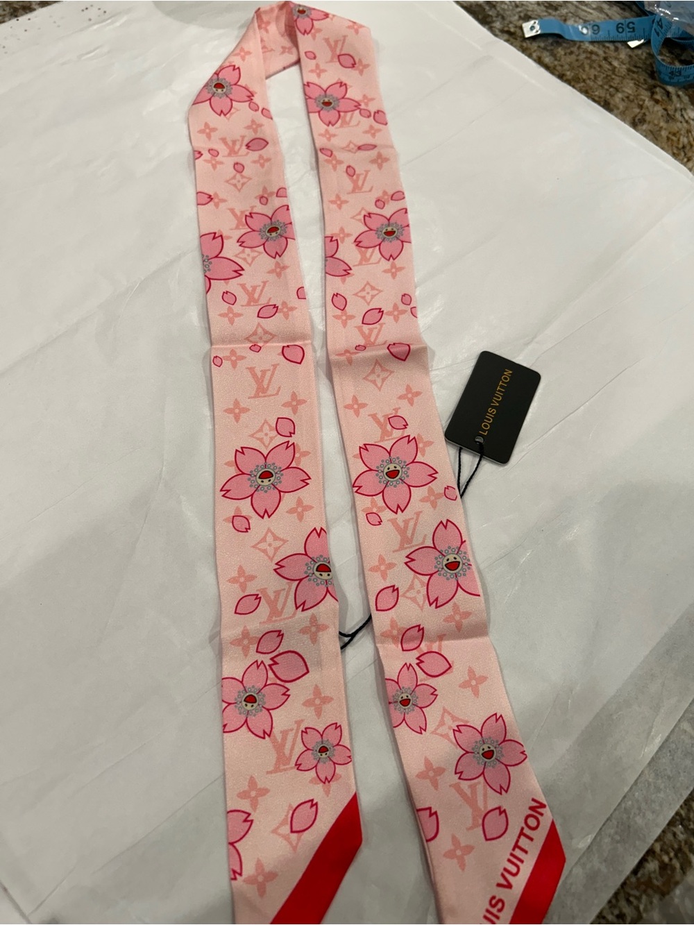Louis Vuitton Pink Floral Silk Bandeau Twilly with Red Tip